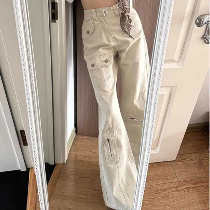 

Hotsweet американские широкие брюки-карго, весенне-осенние брюки с несколькими карманами и металлическими пуговицами, женские свободные расклешенные повседневные джинсы на молнии