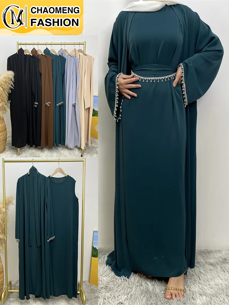 Two Piece Abaya Set With dress Free Diamond Chain Belt Kimono Sleeveless Under Dress EID Ramadan Muslim Women Islamic Clothing