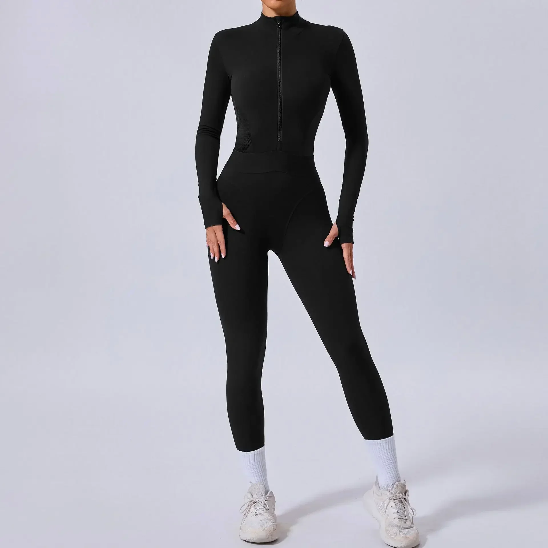 Mode Mesh Gespleißt Bodycon Sport Overall Frauen Ein Stück Outfit Gym Workout Kleidung Lange Sleeve Zipper Fitness Overalls Schwarz