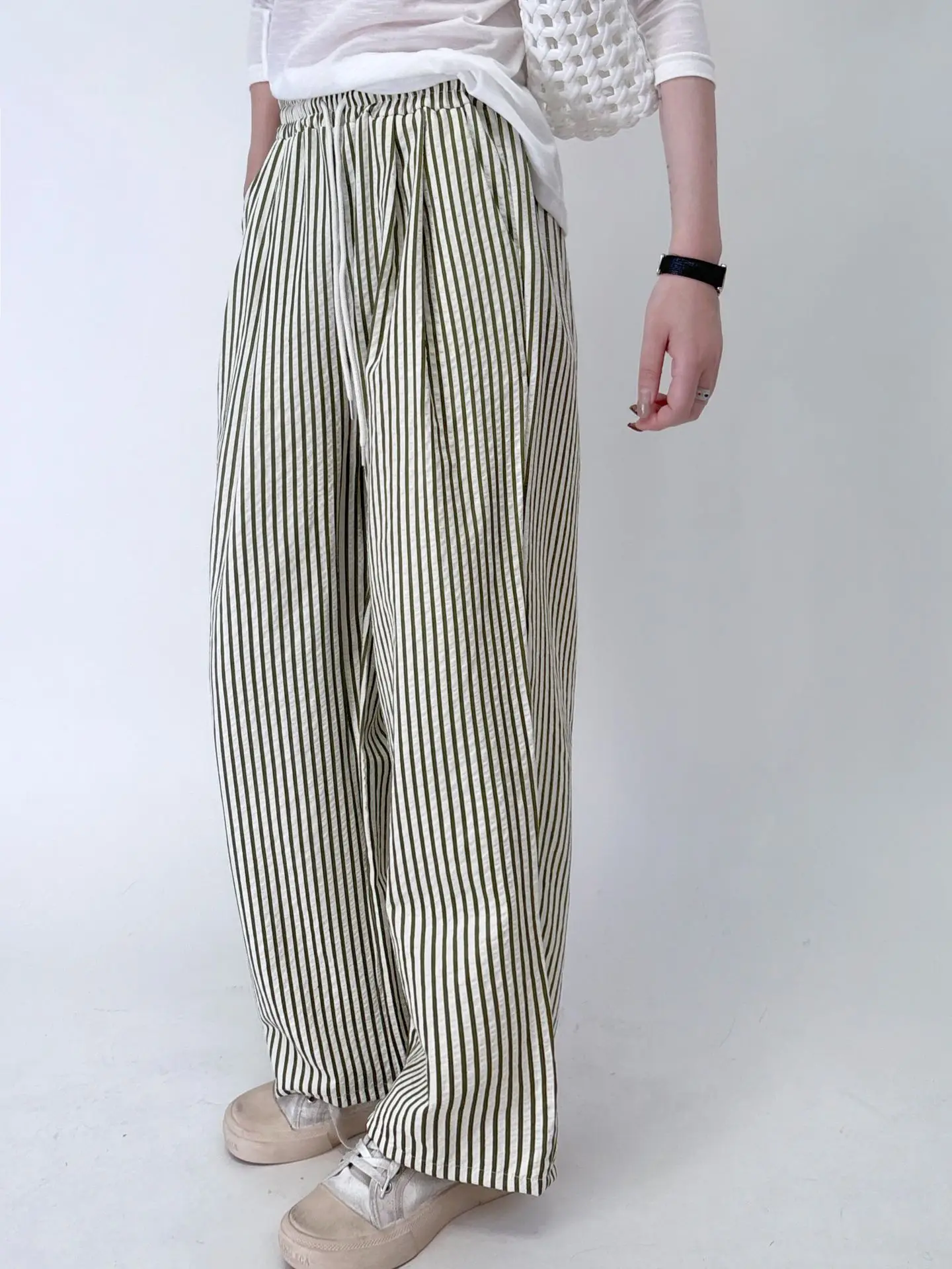 Color Block stripes wide leg pants high waist Drawstring long pants Loose pocket trousers for women
