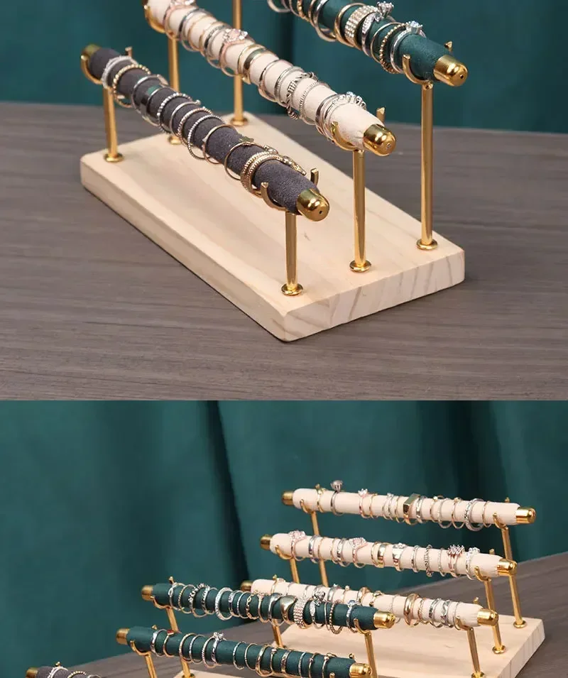 Solid Wood Base Multi-Layer Ring Display Rack with Removable Metal Sponge Stick Ring Holder for Jewelry Storage Organization