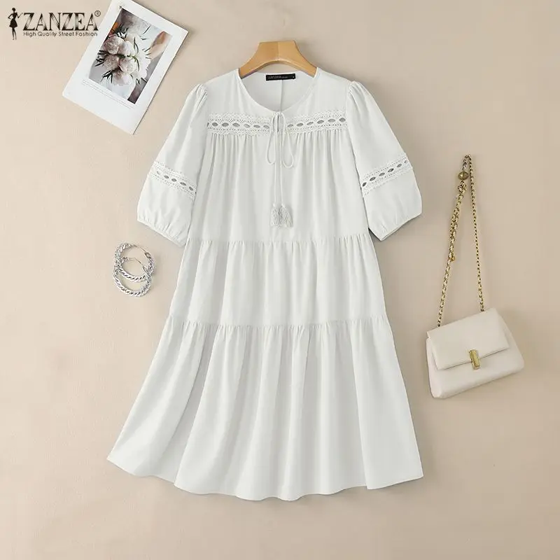ZANZEA Women's Openwork Lace Paneled Tiered Dress Lace-Up O-Neck Puff Sleeve Knee-Length Dress Summer Bohemian Casual Robe Femme