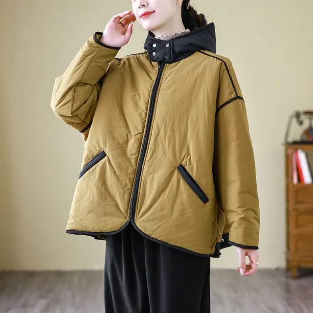 

Autumn and Winter New Women's Down Cotton Jacket Splicing High Street Hooded Casual Oversized Jacket