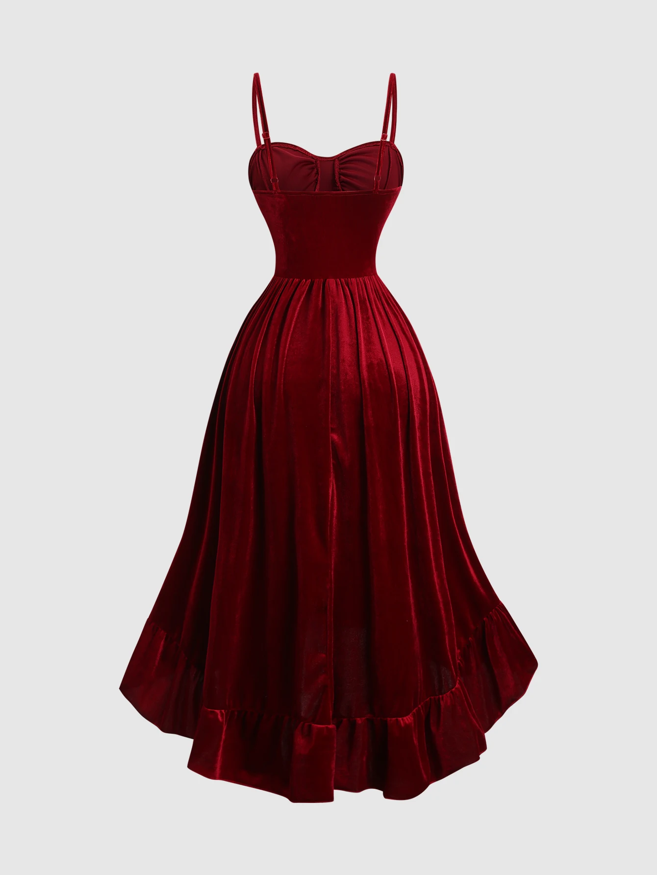 Bordeauxrode satijnen asymmetrische midi-jurk met hartvormige hals, ruches en bandjes, elegante jurk voor dames