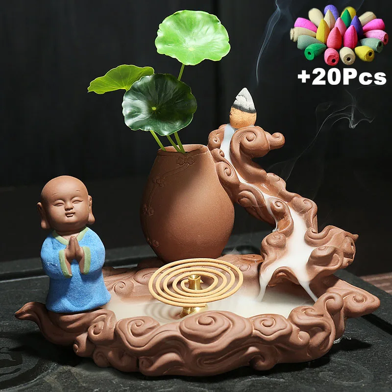 

Gift 20Cones Creative Zen Monk Ceramic Incense Censer Backflow Incense Burner Incense Coil Holder