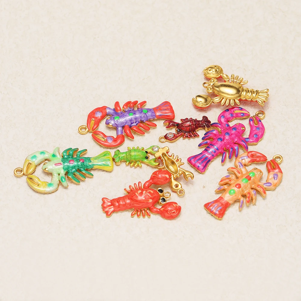 4er-Set Edelstahl-Hummer-Anhänger mit Emaille im Sommer-Ozean-Stil für DIY-Kinderohrringe, Halsketten und Armbänder – Detail 2