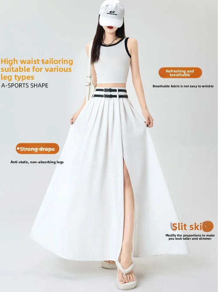 여성용 여름 디자인 하이웨이스트 드레이프 사이드 슬릿 플리츠 롱 스커트 한국 스타일 출퇴근용