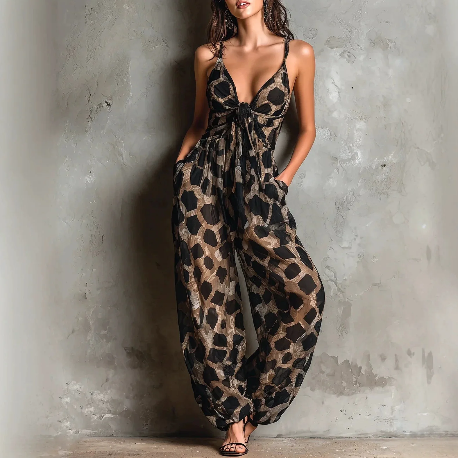 Retro Leopard Print Deep V Twisted Suspender Jumpsuit Loose Drapey Wide Leg Slimming Resort Style Long Jumpsuit