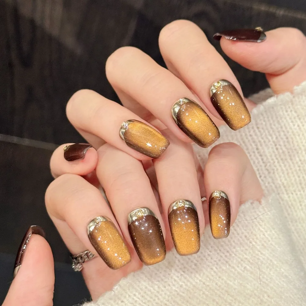 10 Pieces Warm Luxurious Handmade Nails Press On Nails Bronze Brown Gradient Velvet Cat Eye Shiny Fake Nails Removable Reusable