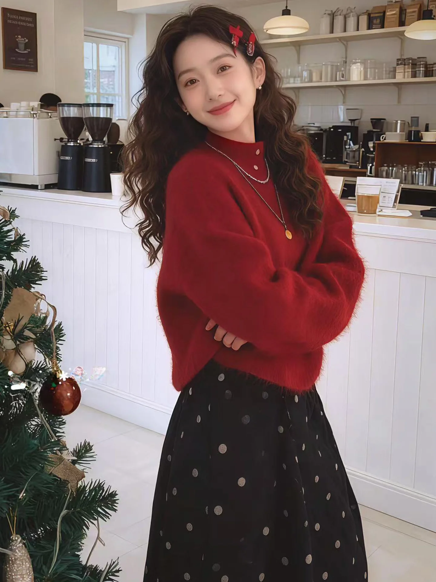 Conjunto de Falda y Suéter con Lunares Rojos para Mujer, Moda Primavera Otoño Invierno, Tejido Cálido, Cintura Alta, Corte Ajustado, Cuello Redondo, Traje de Dos Piezas