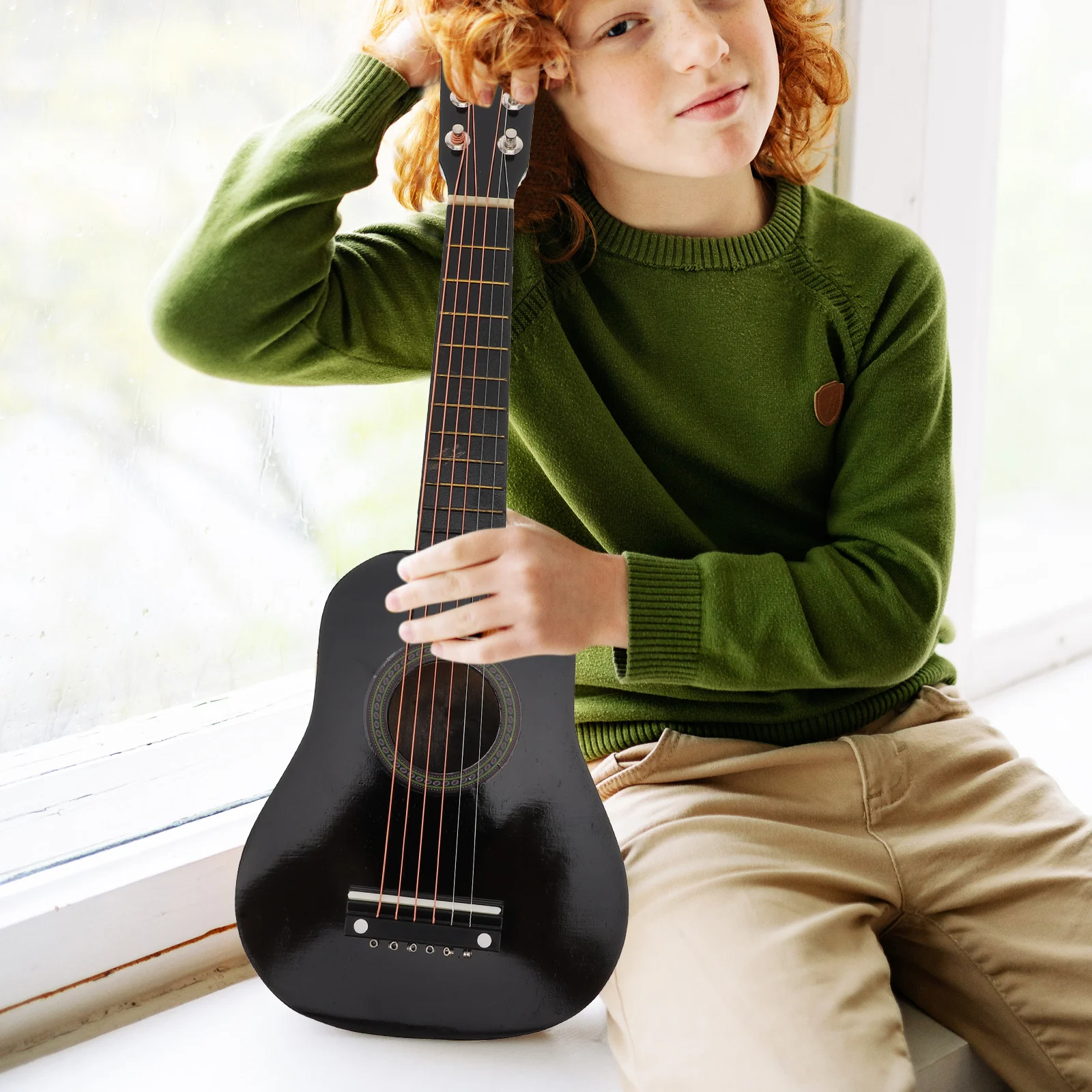 جيتار صوتي للأطفال الصغار جيتار صوتي خشبي مقاس 21 بوصة 6 أوتار موسيقى أطفال محمولة للمبتدئين لون أسود