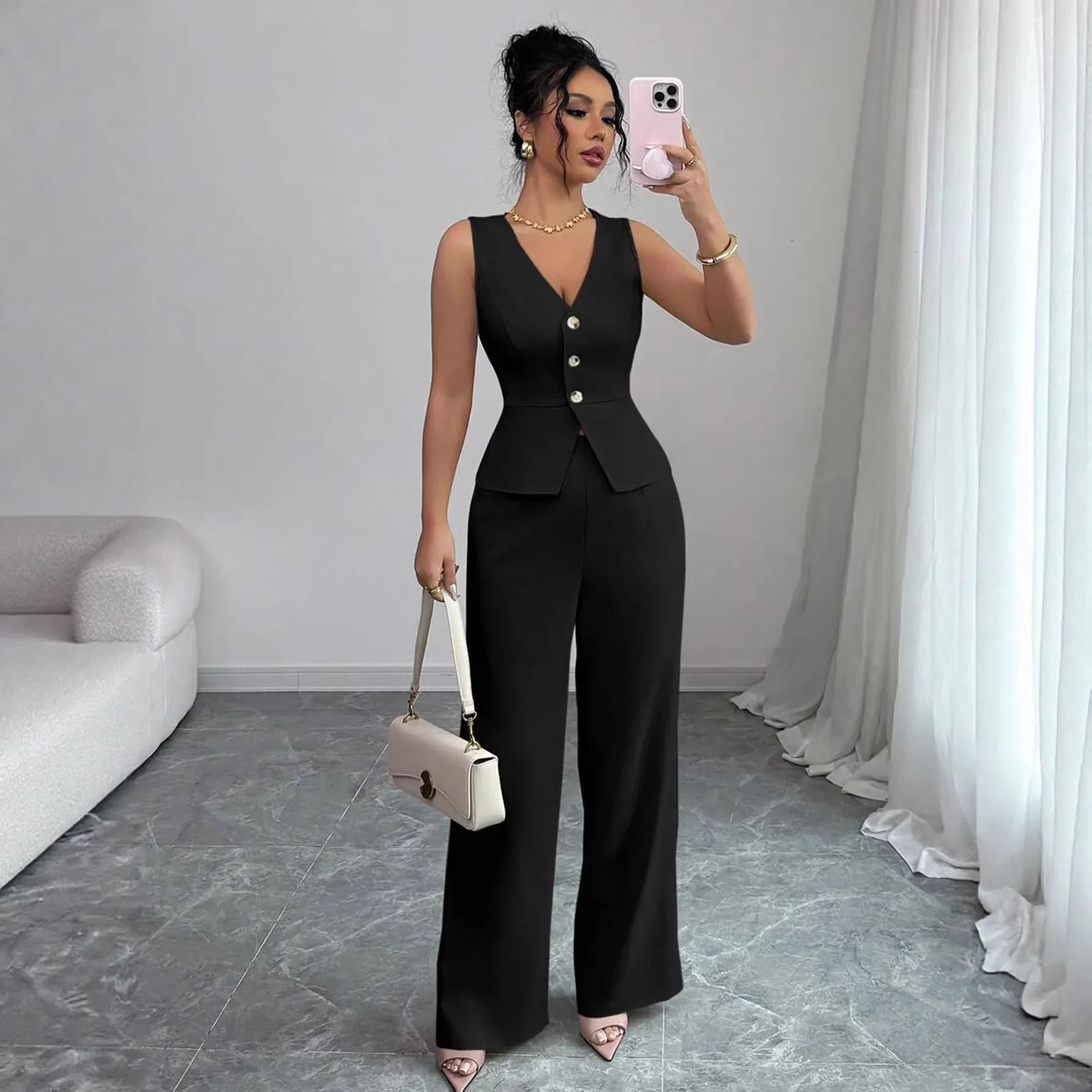 Sleeveless Solid Color Button-down Single-breasted Vest Suit Vest Wide-leg Trousers 2-piece Office And Commuting Versatile Suit