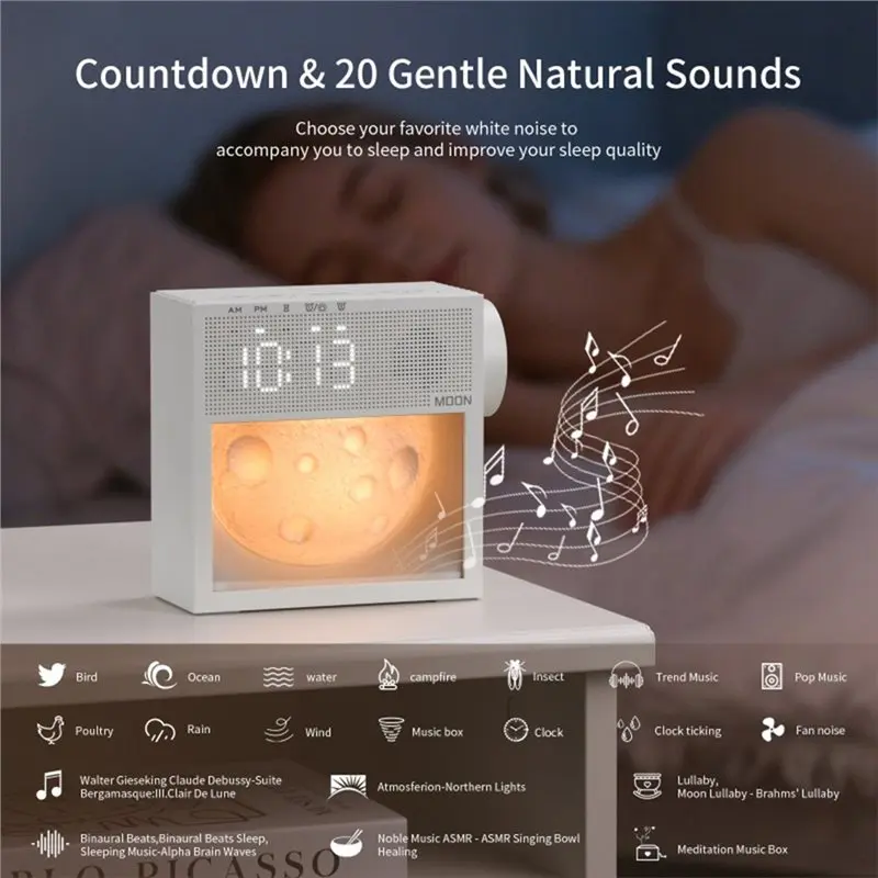 ABKL-Moon Night Light Clock With White Noise, Touch Control Digital Alarm, 10 Soothing Sounds Bedroom Ambience Sleep Helper