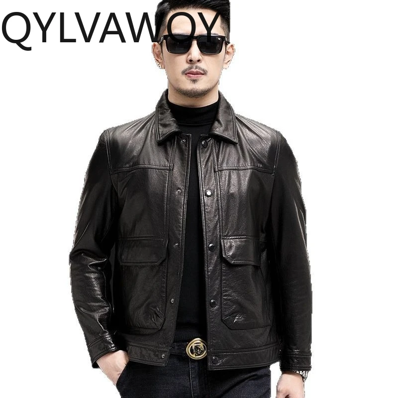 

Мужская кожаная куртка QYLVAWOY из натуральной воловьей кожи, высококачественная демисезонная куртка с отложным воротником, приталенная, на молнии, для повседневной носки