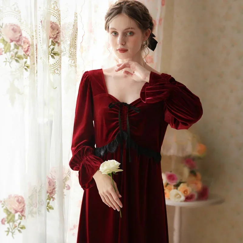 Autumn Winter Fairy Velvet Long Nightgown Sexy Square Collar Full Sleeve Nightdress Women Comfortable Solid Color Night Dress