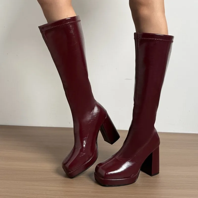 Burgundy High-heeled Boots Female 2025 Popular Temperament Without Knee Knight Boots Waterproof Platform Thick Bottom image 2
