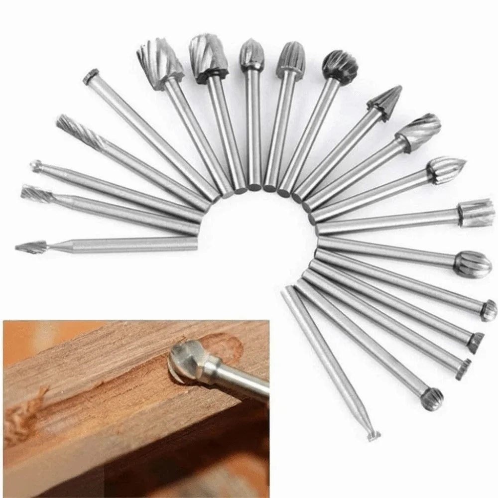 20Pcs High-Speed Steel Rotary Burrs Set 3mm Shank Professional Wood Carving Tools Durable Precision High-Speed Steel Burrs