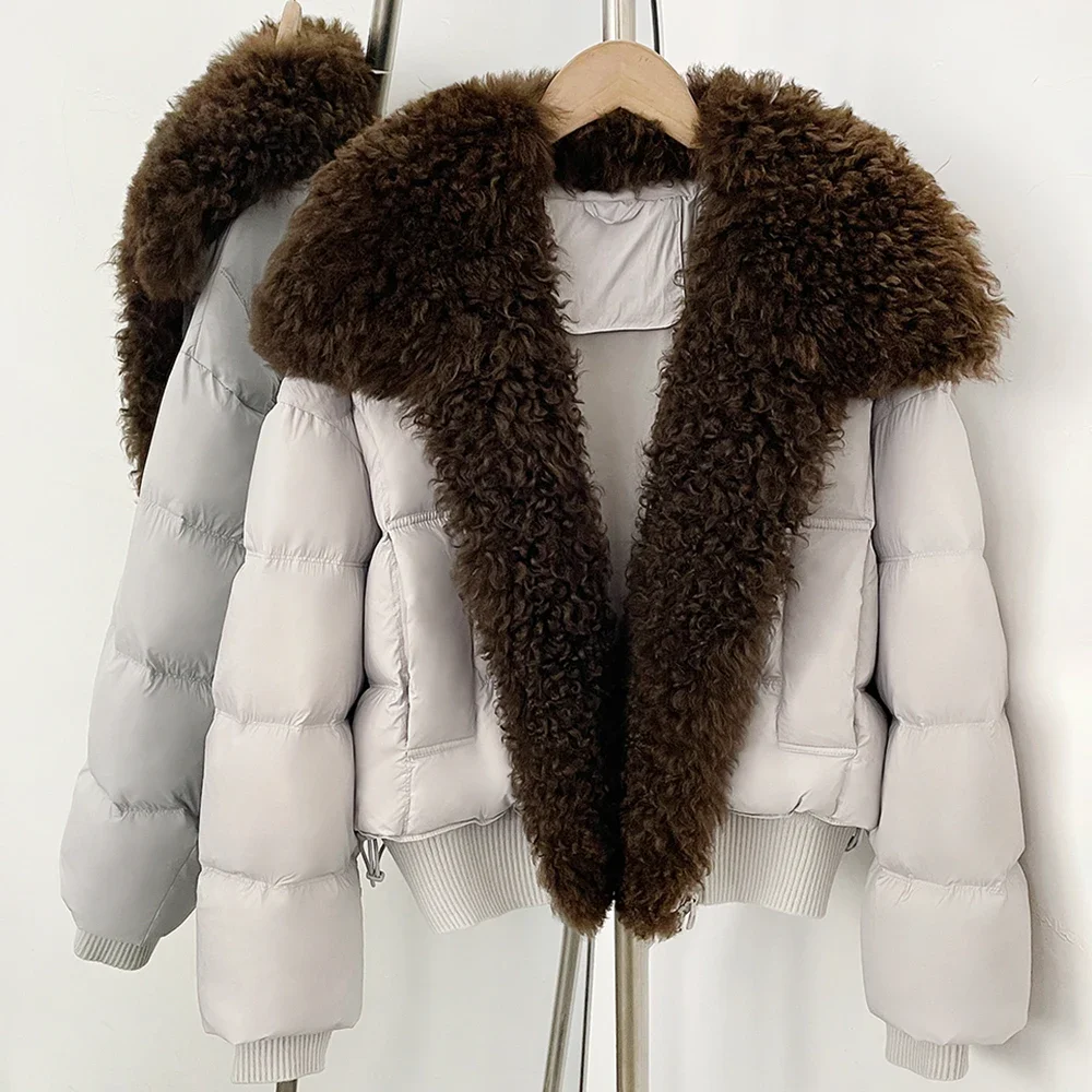 OFTBUY Damen Winterjacke, 90 % Daunenfüllung, Damenmantel aus echtem Lammfell, kurz, warm, aus natürlichem Fell, modische Steppjacke, Oberbekleidung. – Detail 7