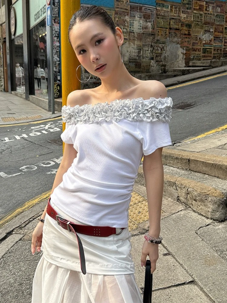 

Y2k Aesthetic Skew Collar Ruffled Patchwork Sexy T-shirt Summer Streetwear Bodycon Tshirts Harajuku Vintage Pleated Grunge Tees