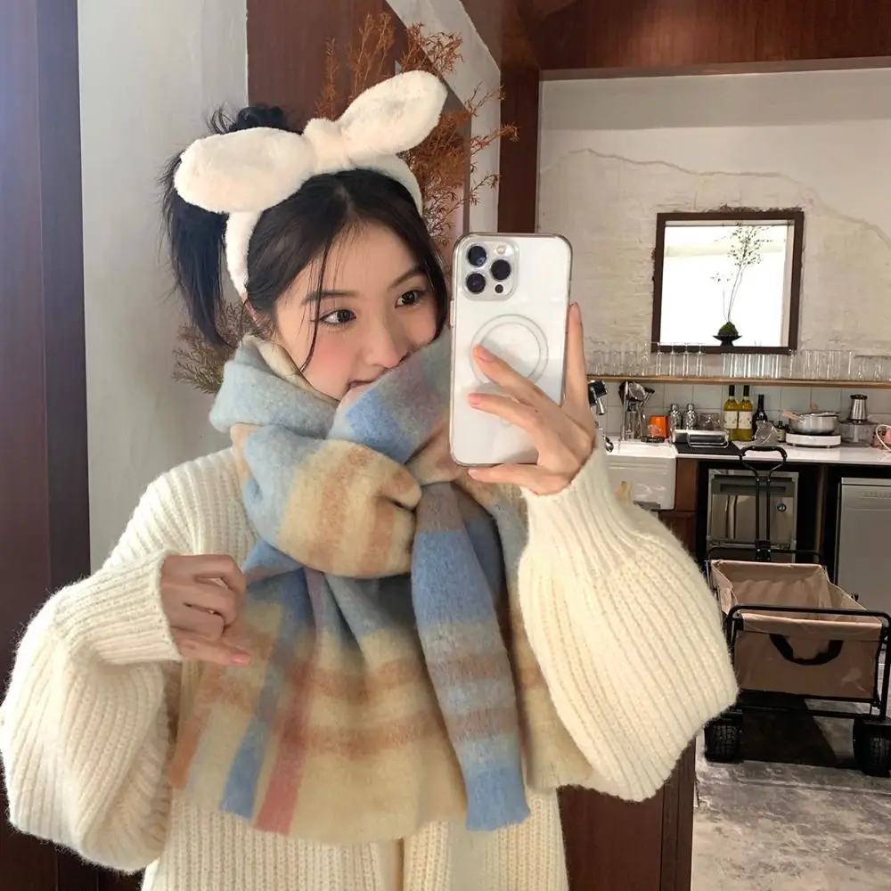 

Новый теплый зимний кашемировый шарф, мягкие мохеровые длинные шарфы с кисточками, полосатый узор, клетчатая утолщенная шаль, женская накидка