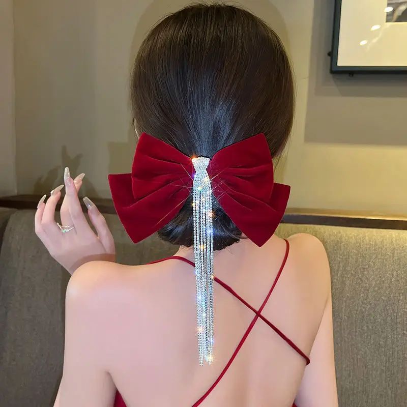 Big Bow Bling Rhinestone Tassels Hair Clip Satin Hairpins Barrettes Wedding Korean Hair Clips Hairgrip Accessories For Women