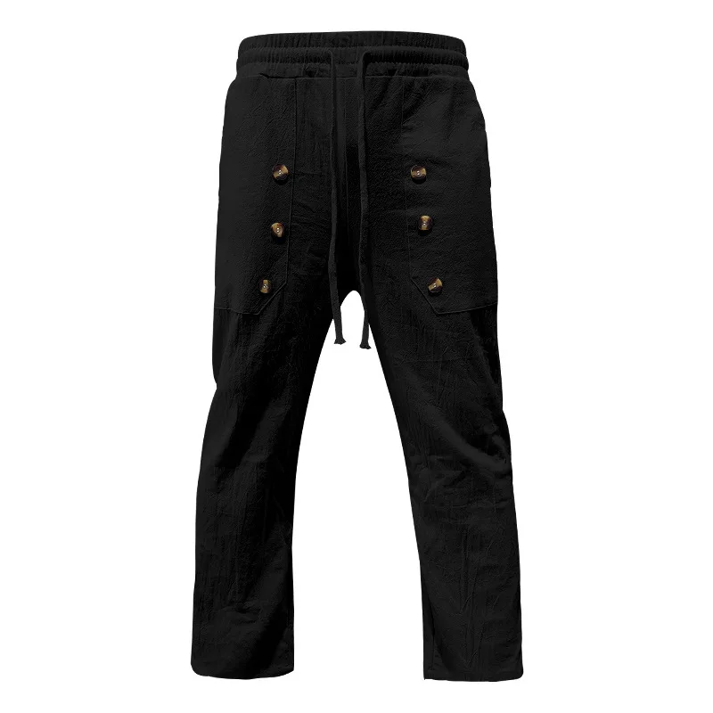 Men Loose Jogger Pants Decorative Buttons Elastic Drawstring Cargo Pants Casual Trousers with Pockets for Streetwear