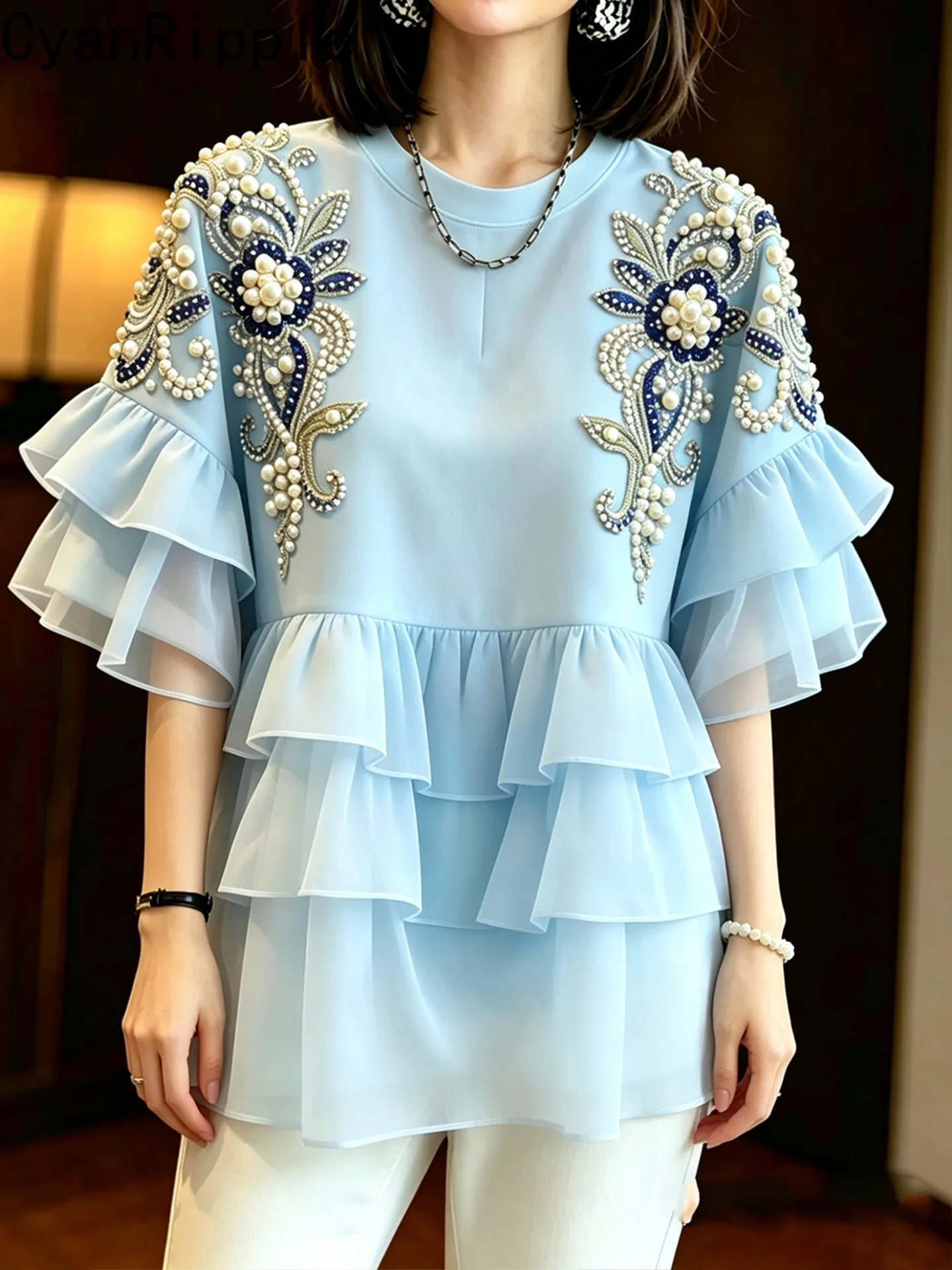 High Quality Sky Blue Mid-long Women T-shirt Luxury Diamonds Beads Round Neck Pullover Top Elegant Ruffles Half Sleeve Tees