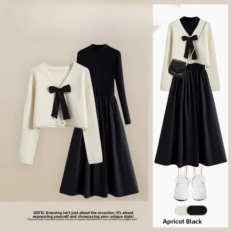 

Faionable Autumn Knitted Cardigan with Bow Casual Slimming Dr Two-Piece Set Small Fraance Sle Women's Ense...