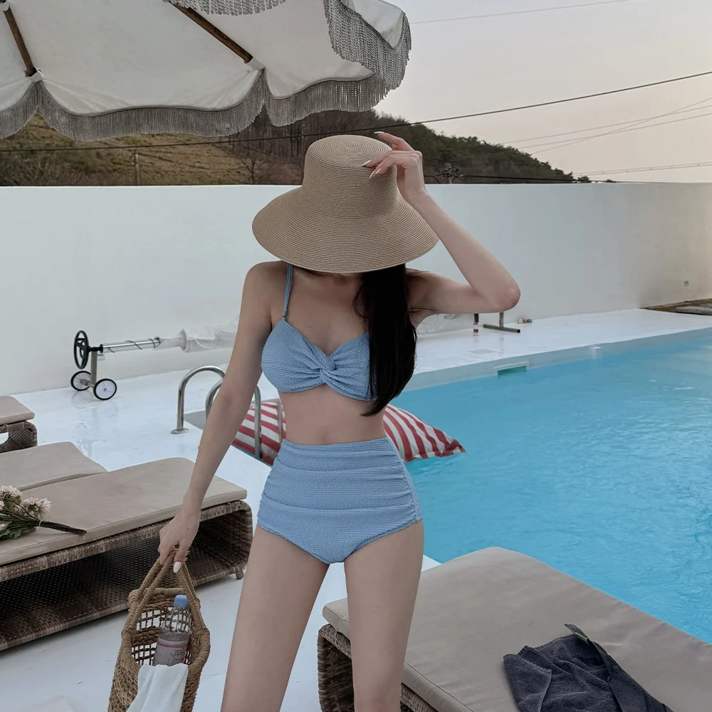 

2026 New Women's Bikini High Waist Monocomatic White Flattering Belly Covering Sexy Pure Desire Beach Vaion Swimsuit