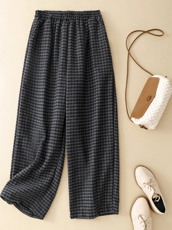 

Зимние клетчатые брюки-палаццо женские, больших размеров, свободного кроя, очень теплые, модные, с высокой талией