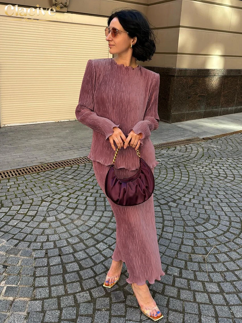 

Clacive Fashion Loose Red Pleated 2 Piece Sets Women Outfit 2024 Elegant Long Sleeve Shirt With High Waist Long Skirts Set