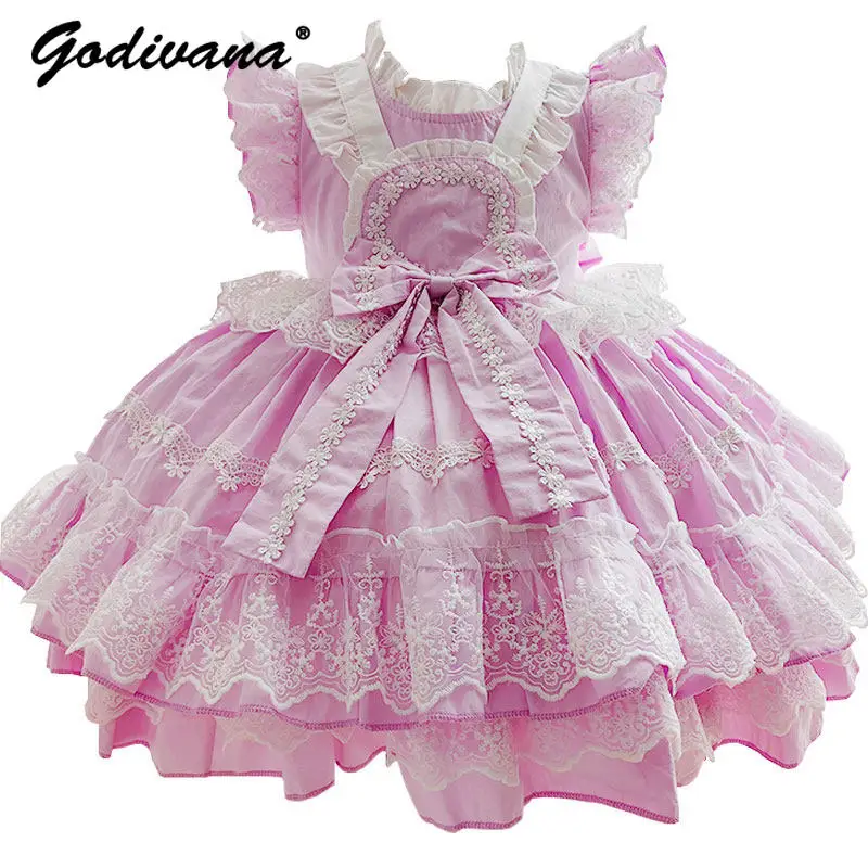 Sweet Baby Girls Purple Lolita Princess Dress Kids High End Heavy Floral Embroidery Feifei Sleeve Lace Trim Cute Bow Ball Gown