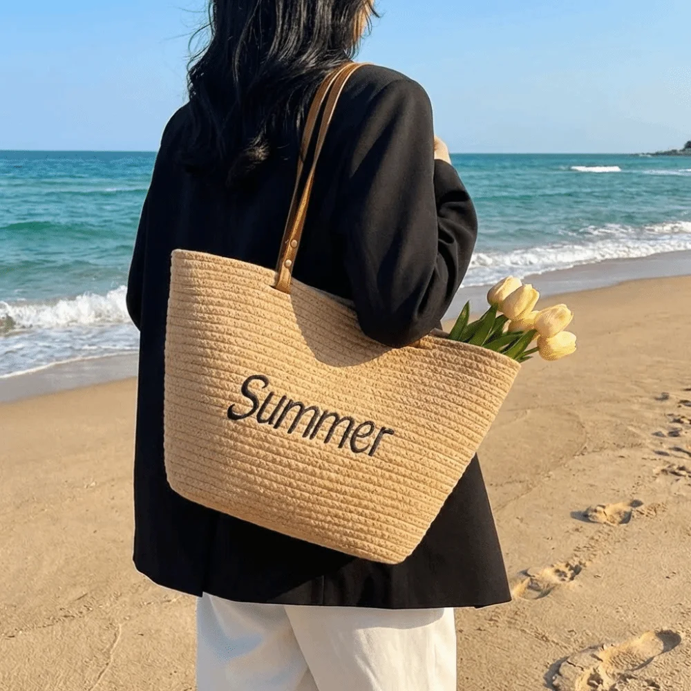

Simple Letter Women Tote Bag Solid Color Large Capacity Weave Beach Bag Korean Style Basket Cotton Rope Handbag Summer