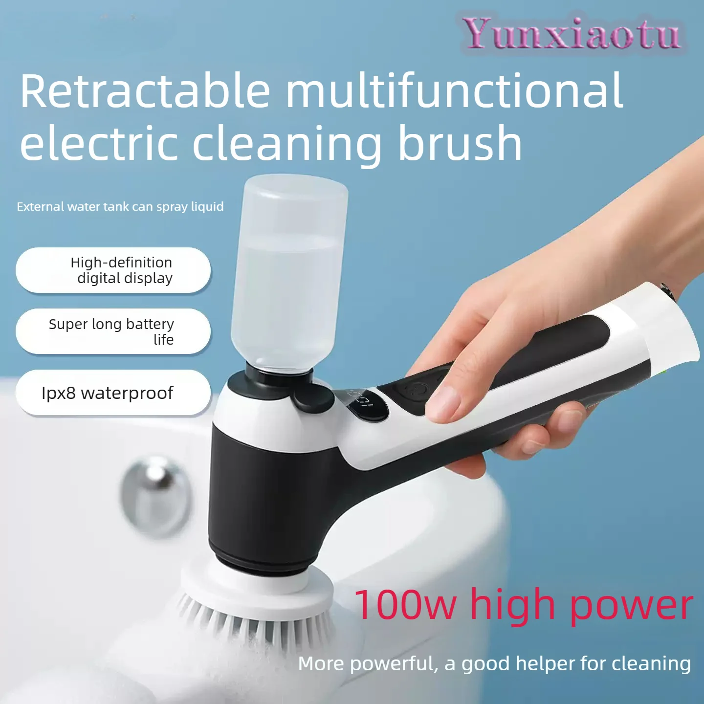 100W High Power Cordless Electric Scrubber IPX8 Waterproof Handheld Brush with Replaceable Heads