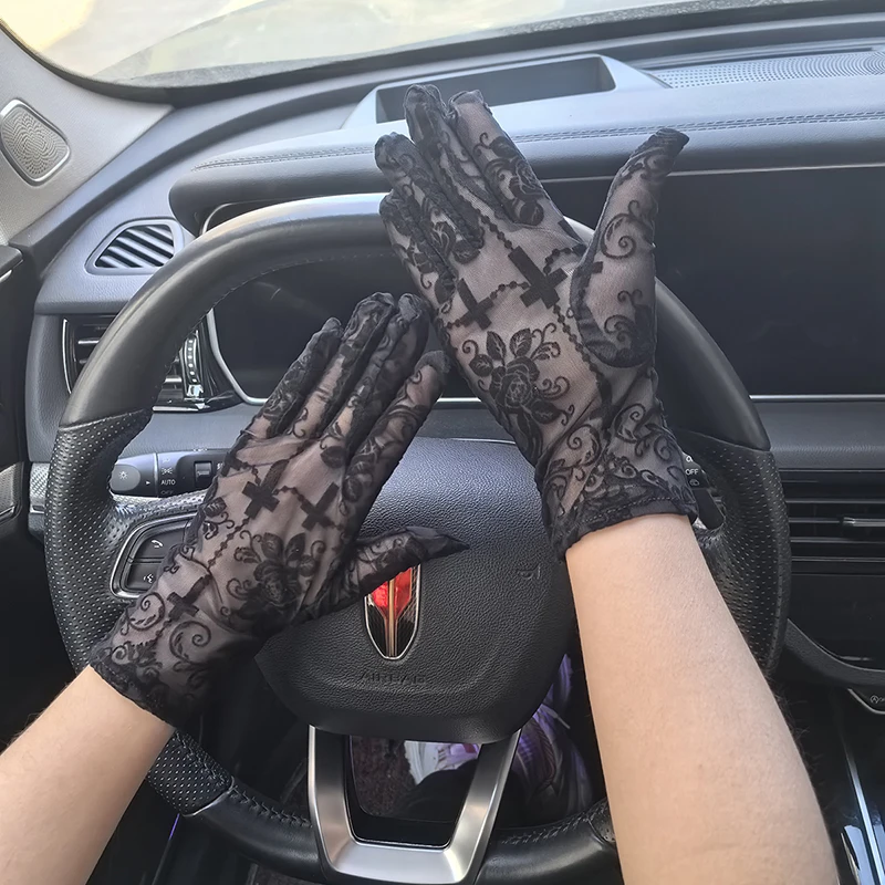 Halloween 22CM Women Rose Print Mesh Sexy Lolita Black Transparent Long Gloves Cosplay Performance Breathable Drive Sunscreen