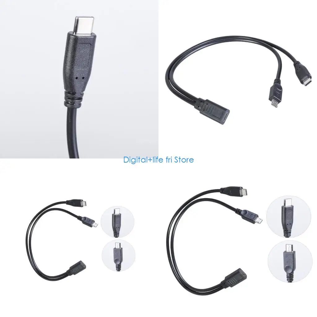 E06D Type C Y Splitter Cable Type C Female to MicroUSB and Type C Male Charging Cable for Double Charging