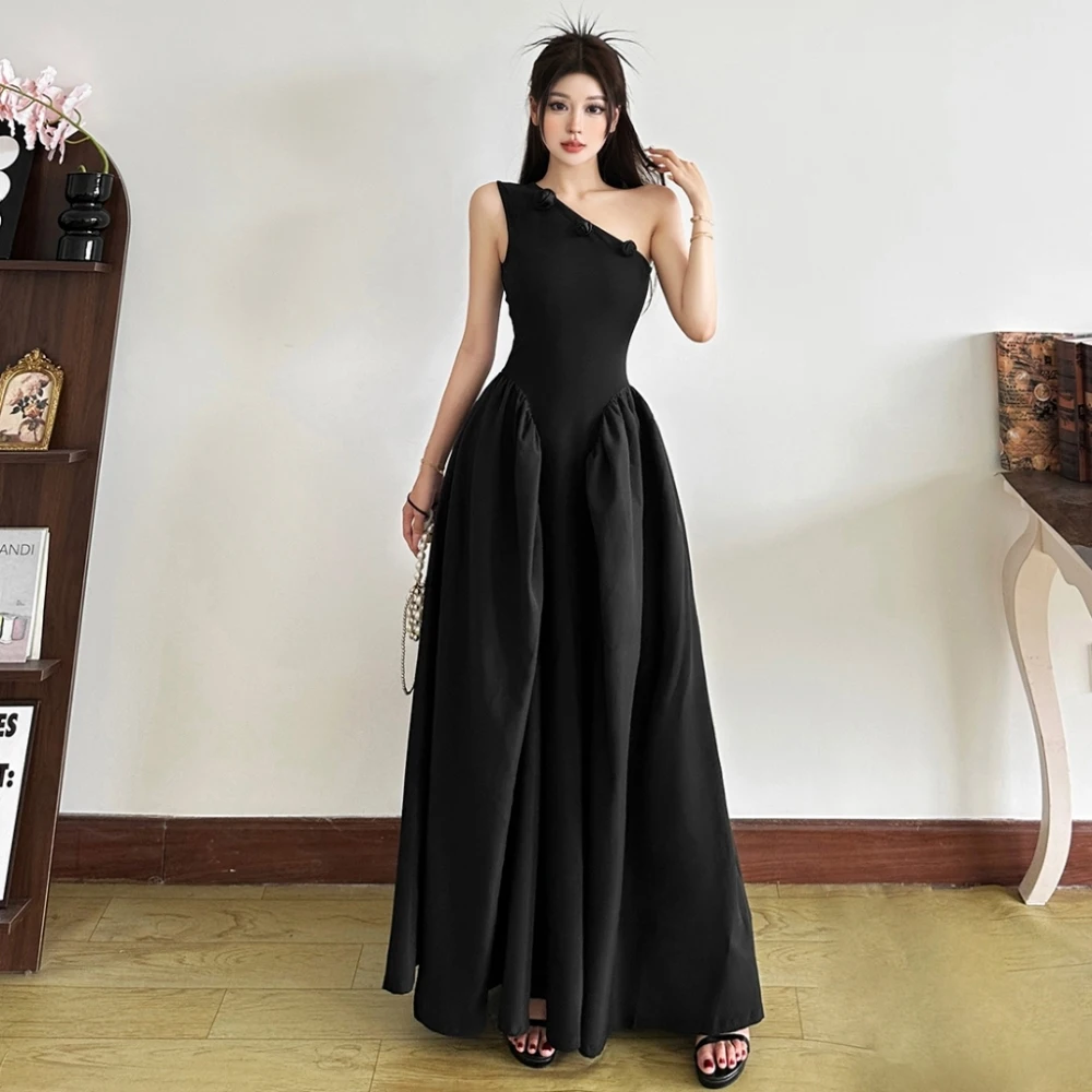 SylCue 3d Flower Decoration Long Dress Women Irregular Skew Collar Backless Sleeveless Prom Party Elegant A-Line Solid Vestidos