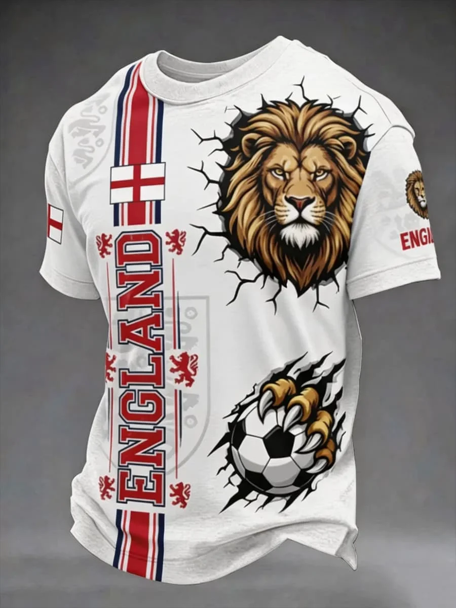 Men England Football Jersey Crew Neck Short Sleeve Crack Breakthrough Lion Head Claw Grab Soccer Ball Fan Sports T-shirt