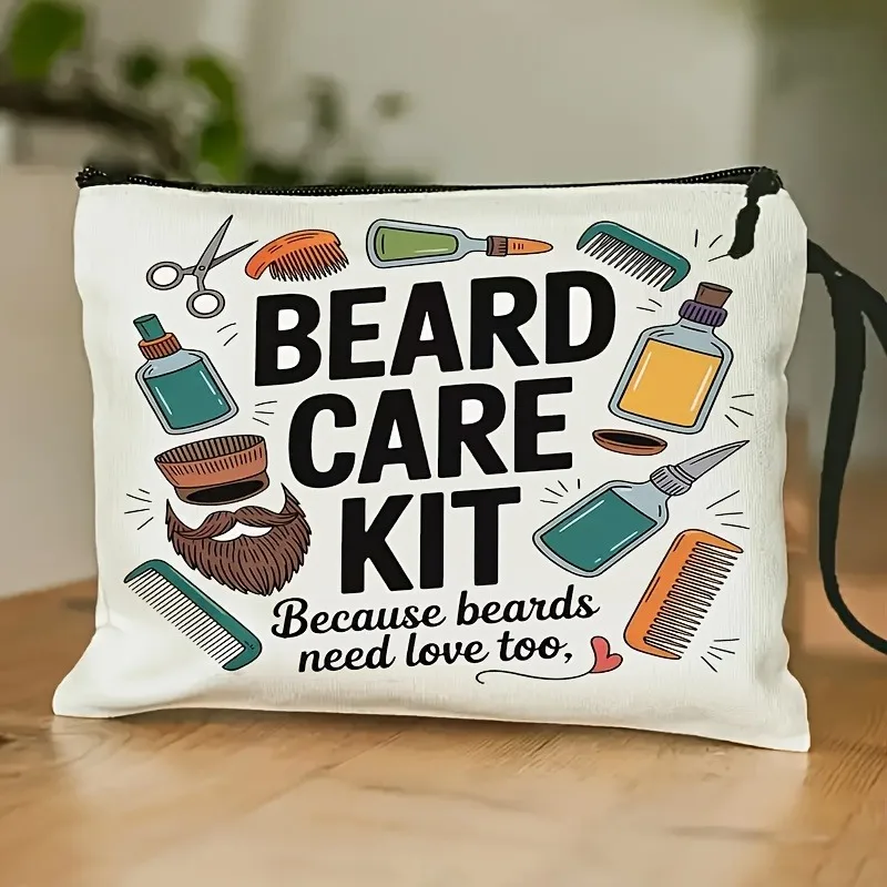 Men's Beard & Shaving Care Organizer Bag - Zippered Travel Toiletry Case with Top Handle, Lightweight Beard-Themed Design for Gr