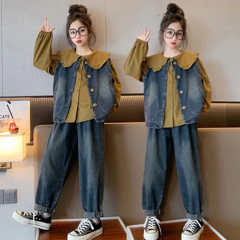 

Girls Suits Spring and Autumn Suit 2024 New Children Fashion Trend Shirt Jeans Three-piece Set Korean Simple Style Clothes