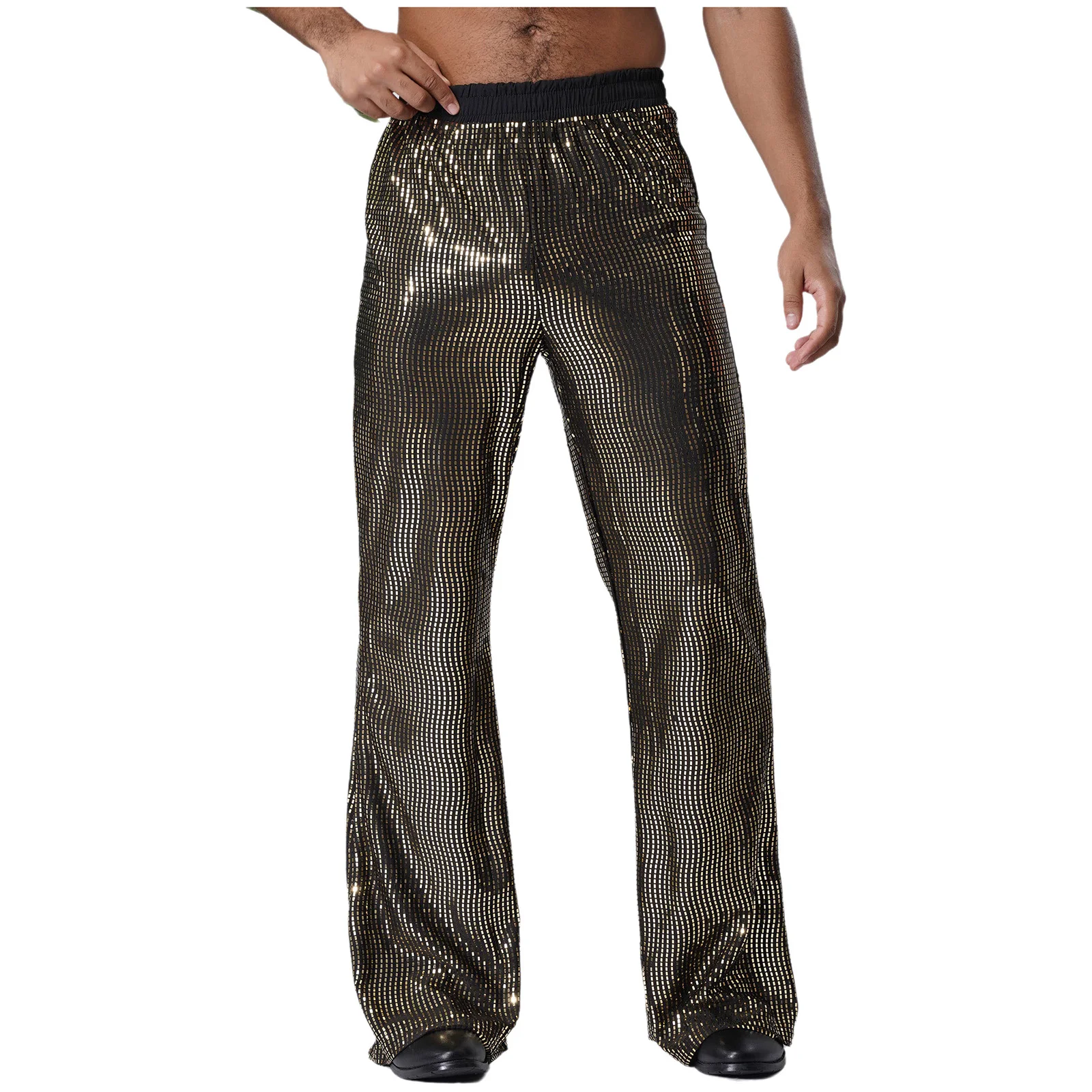 Mens Glittery Sequin Flared Pants Jazz Dance Costume Elastic Waist Bell Bottom Long Pants Trousers Clubwear For Music Festival