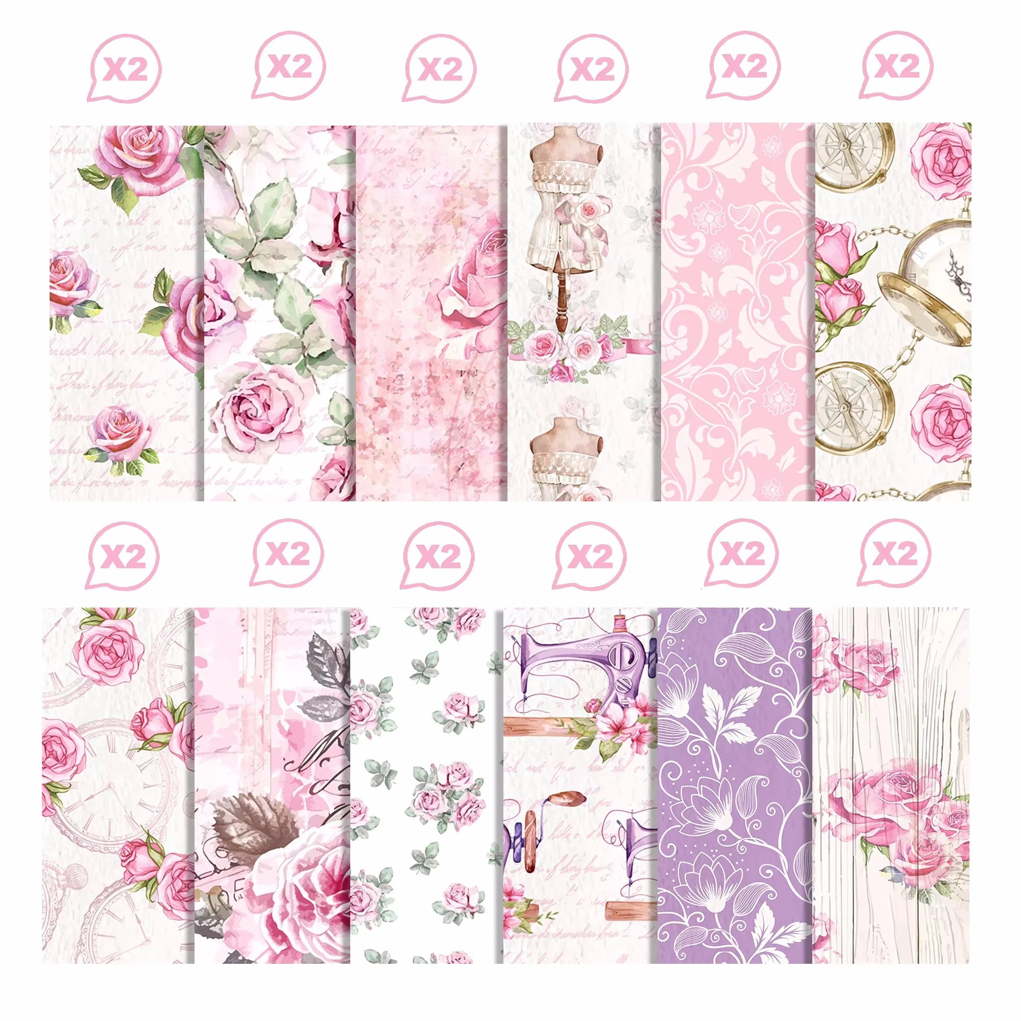 24pcs Pink Rose Clock Pattern Scrapbook Paper Party Gifts Decorative Packing Craft Wrapping Papers 30*30cm