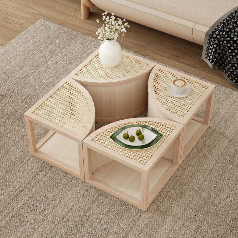 

Round To Square Block Modular Coffee Table Light Natural Rattan with Storage 4 Piece Coffee Table for Living Room