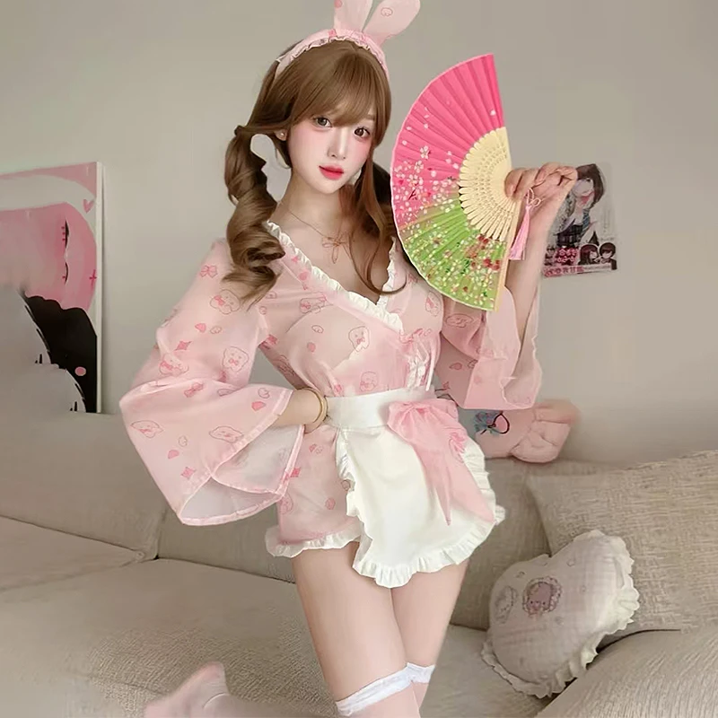 

Cute Sexy Japanese Kimono Style Lingerie Kawaii Pink Bunny Print Tempting Uniform Seductive Maid Dress Anime Cosplay Costumes