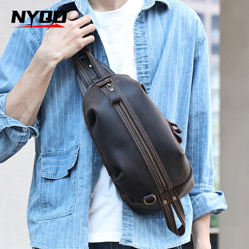 

Men's Genuine Leather Chest Bag Crazy Horse Leather Sling Backpack Men Casual Travel Vintage Crossbody Bag Cowhide Rucksack