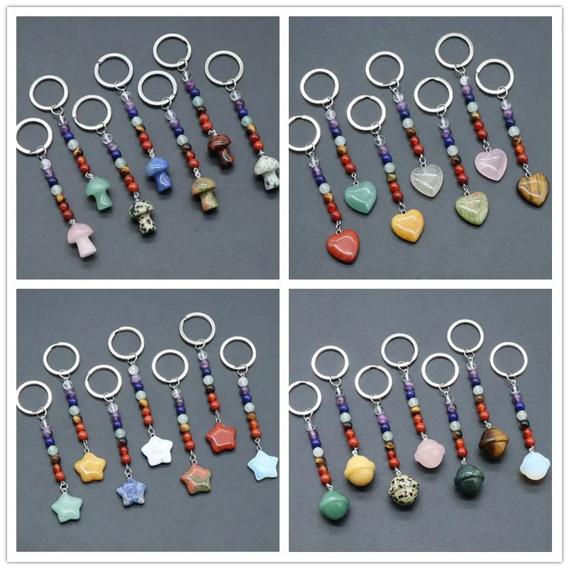 

12pcs Natural Stone Heart Star Mushroom 7 Chakra Beads Key Rings Keychains Healing Crystal Car Decor Key Chain Keyholder