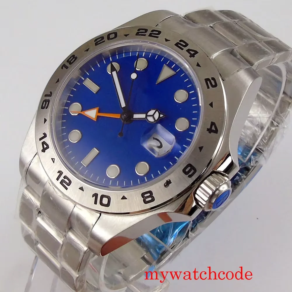 43mm Automatic Men's Wristwatch Calendar Sapphire Crystal GMT Hand Blue Dial Silver Color Bezel Insert