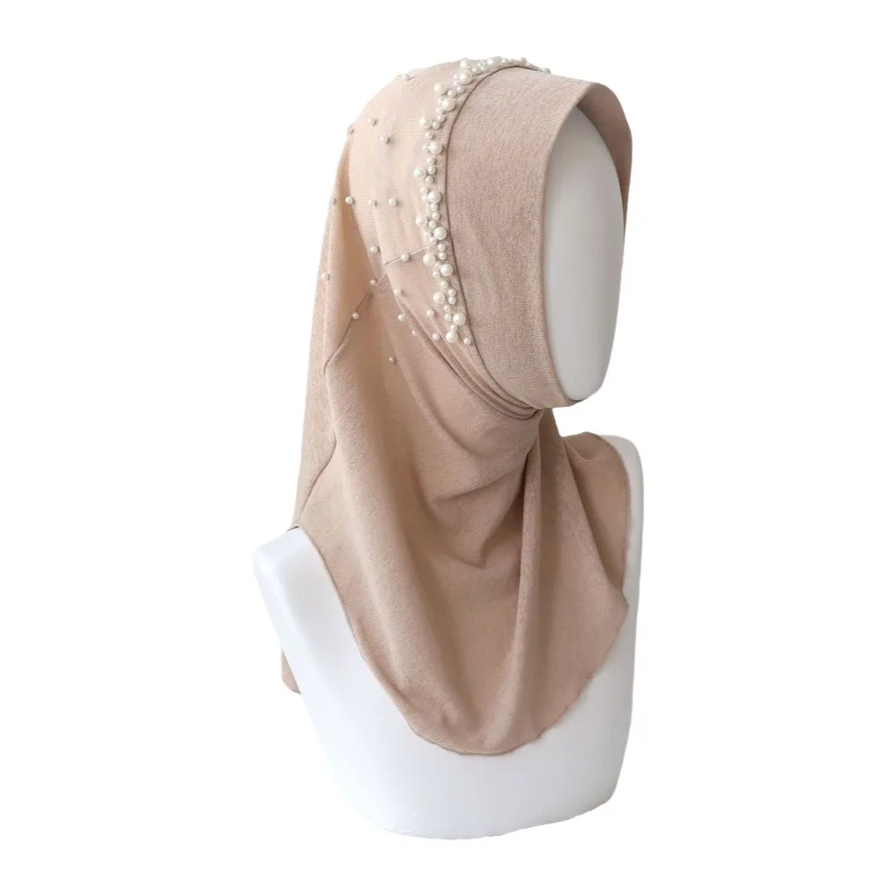 Lightweight Solid Color Beads Hijab Quick Drying Pull On Style Head Wraps Head Wrap Stretchable Sun Protection Headscarf Prayer