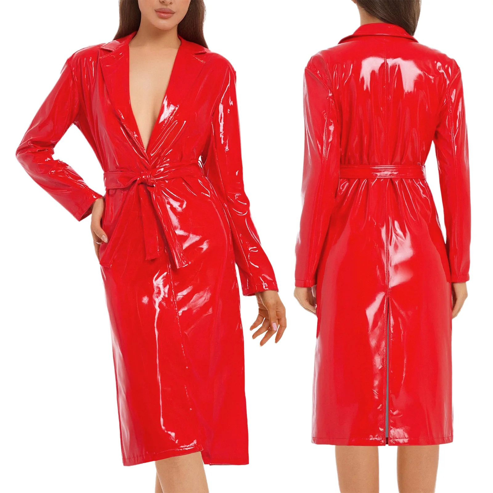 Women Men Long Sleeve Glossy PU Leather Trench Coat Open Front Lapel Jacket Outerwear with Belt Streetwear Casual Daily Wear