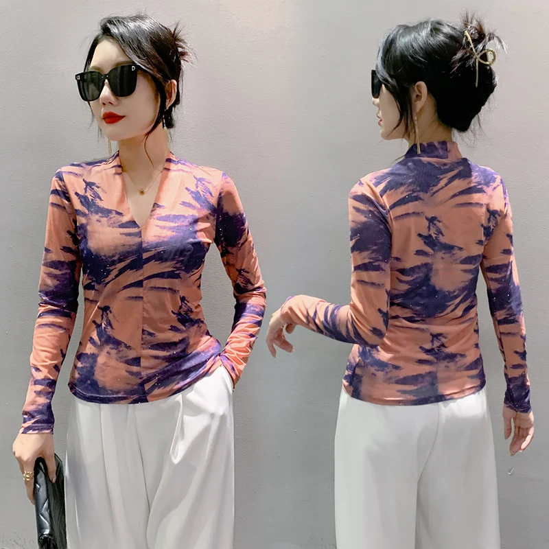 MadBlack-Women's European T-Shirt, Sexy V Neck Printed Top, Fashion Long Sleeve Slim Mesh Tee, 2025 Spring Summer New T51509CC